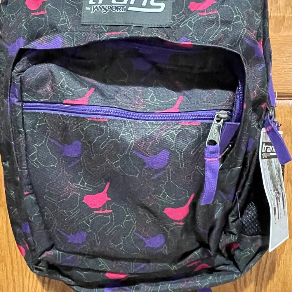 Trans By Jansport 36L Large Supermax School Black Pink Purple Bird Backpack NWT